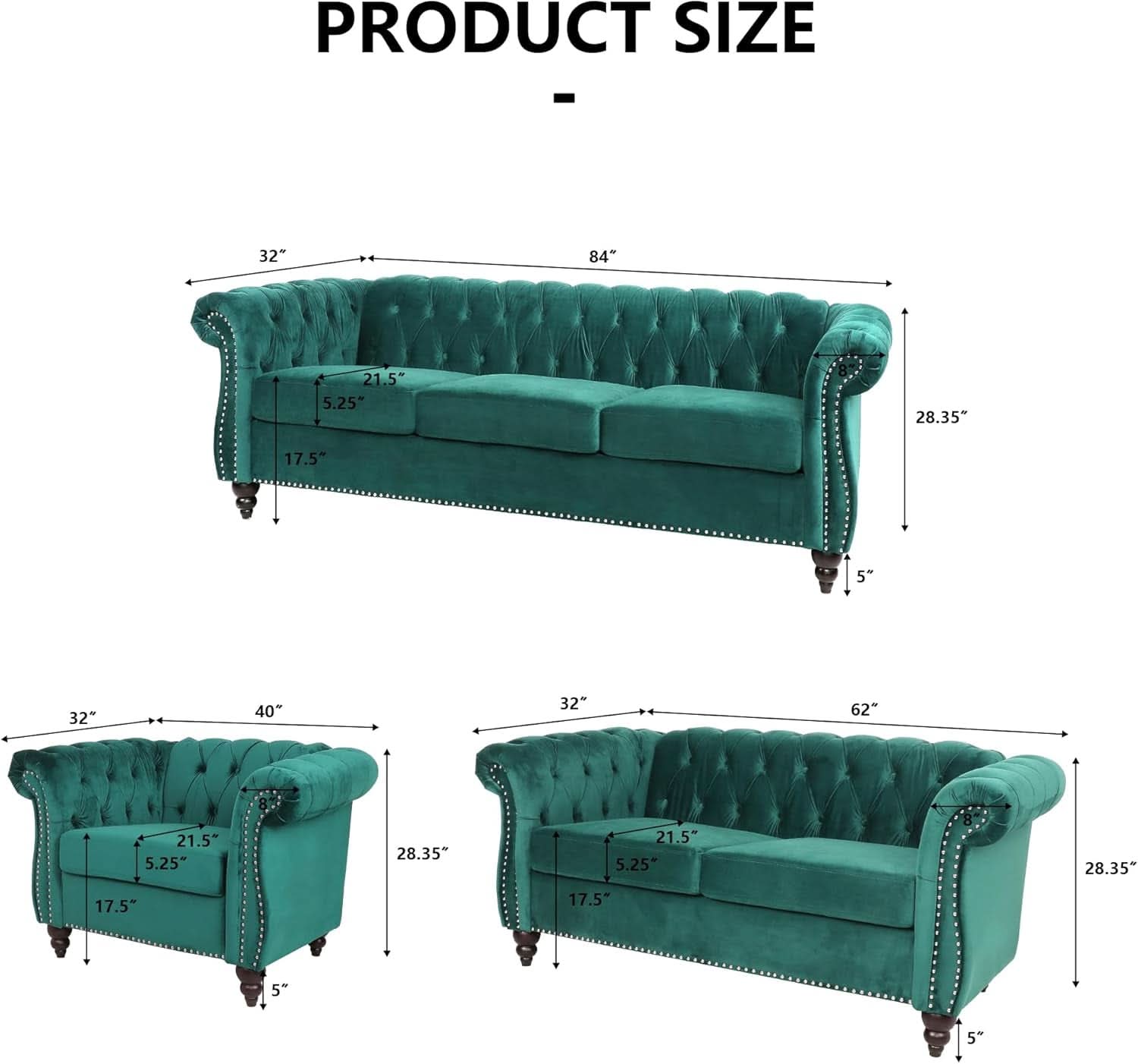 Green Velvet Chesterfield Living Room Set Including Sofa Loveseat and Club Chair-1