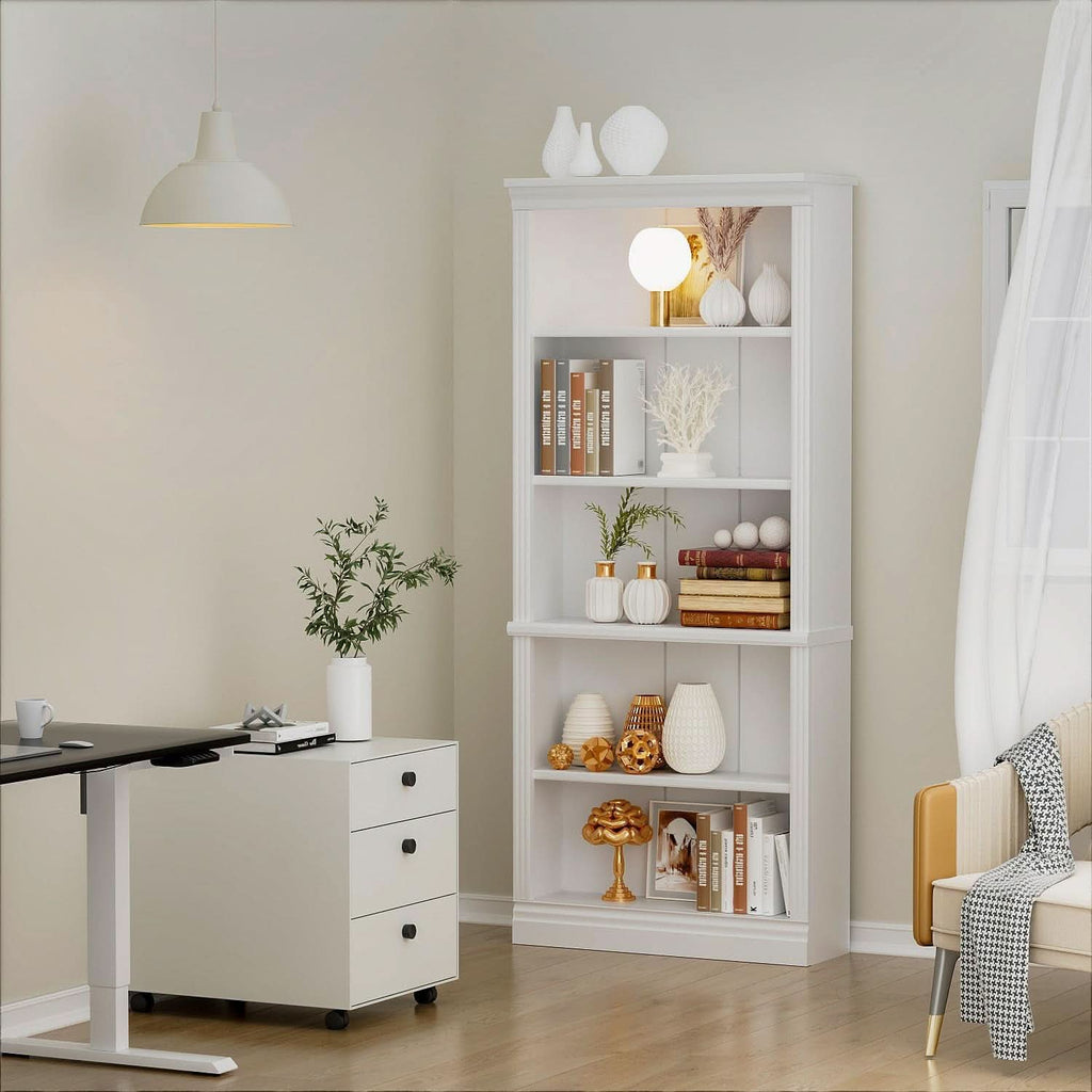 5-Shelf Bookcase Wooden Standing Rack White Living Room-2