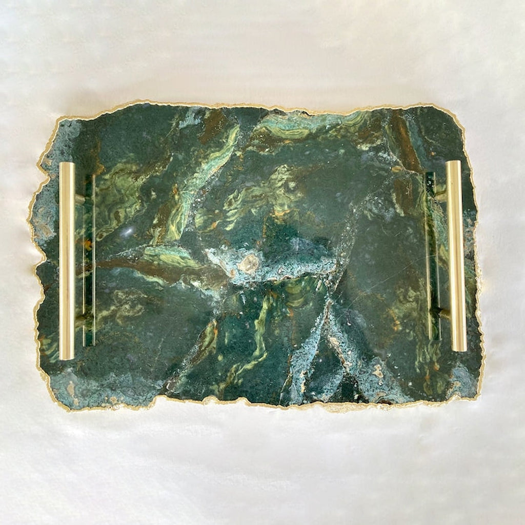 Large Green Agate Serving Tray With Brass Handles/Personalised Momentos/Sign Boards 10"x15"-0