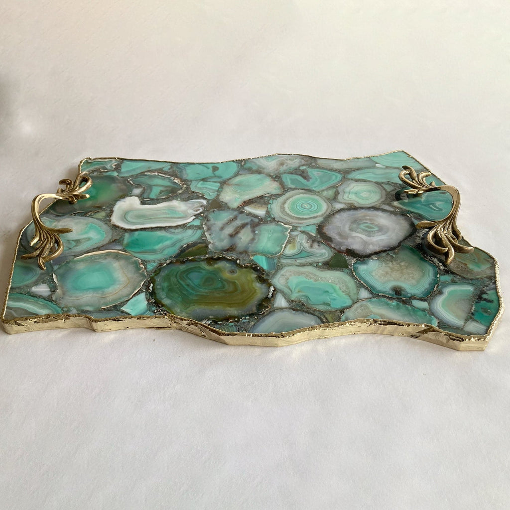 Large Green Agate Serving Tray With Brass Handles/Personalised Momentos/Sign Boards 10"x15"-1