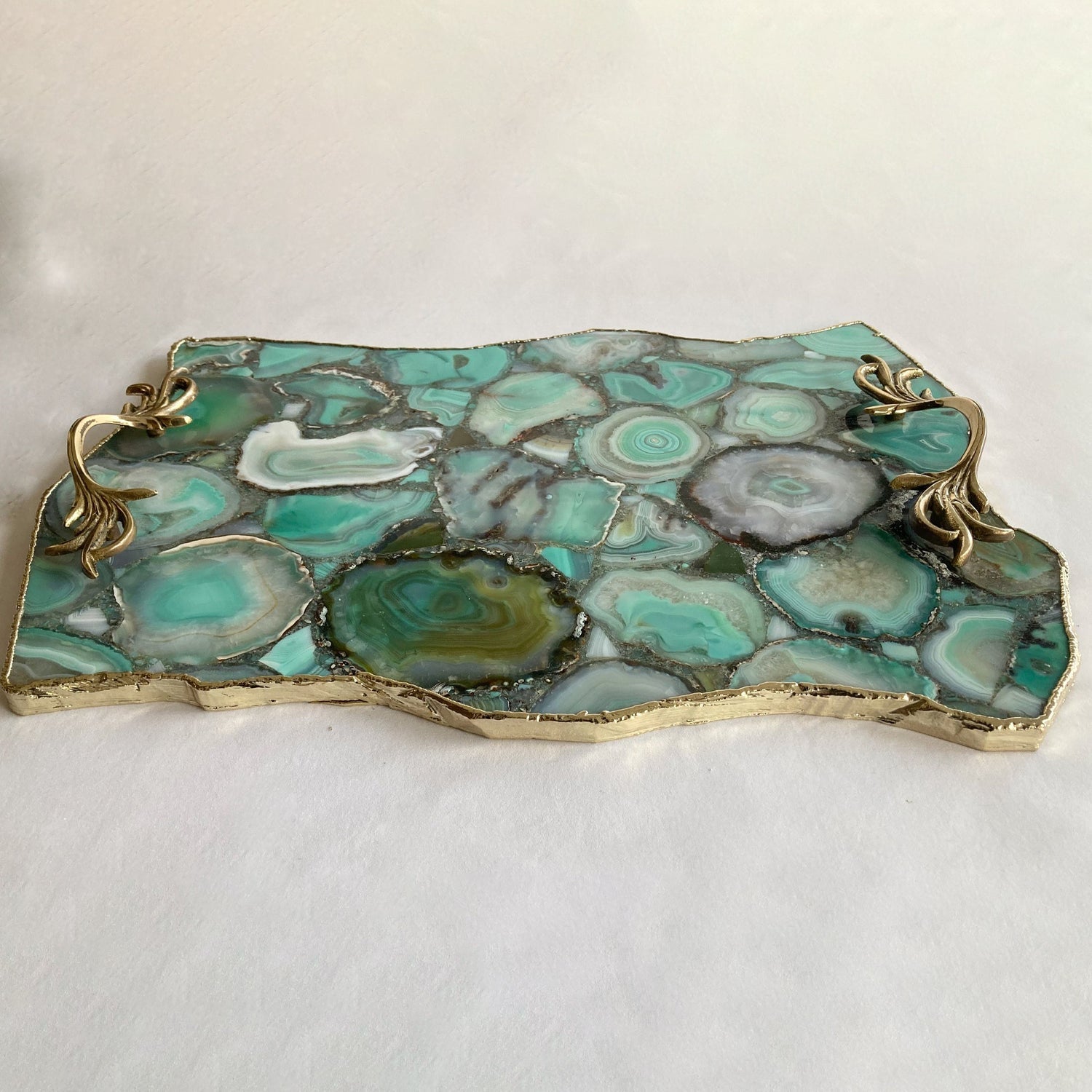 Large Green Agate Serving Tray With Brass Handles/Personalised Momentos/Sign Boards 10"x15"-1
