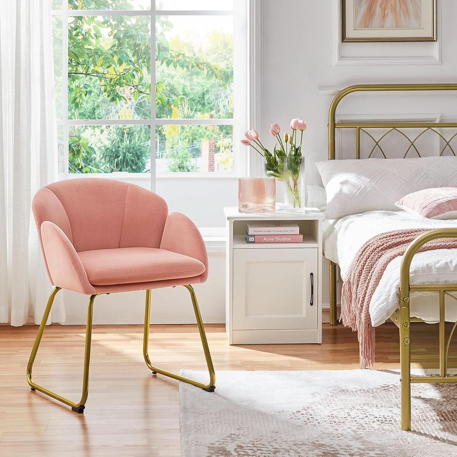 Pink Velvet Flower Armchair With Gold Legs Living Room-1