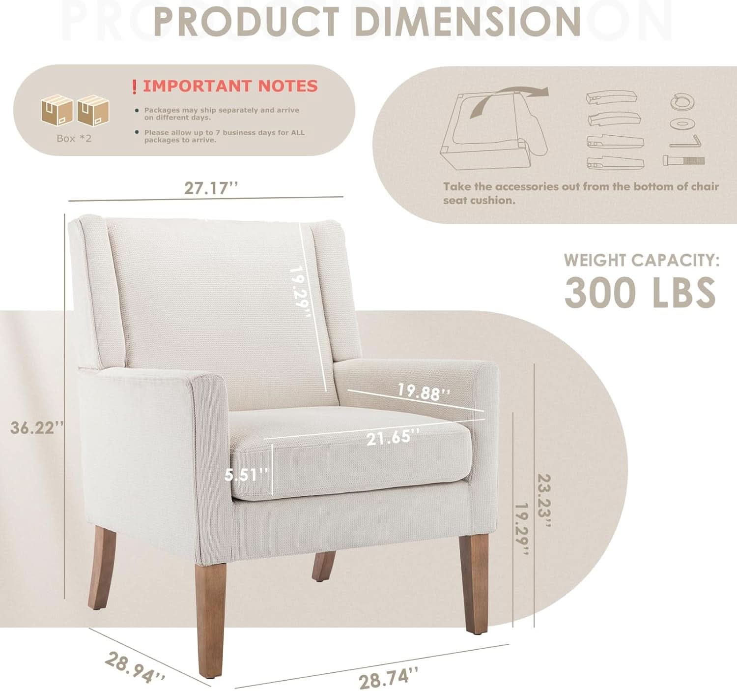 Beige Wingback Chairs With Wood Legs For Living Room-1