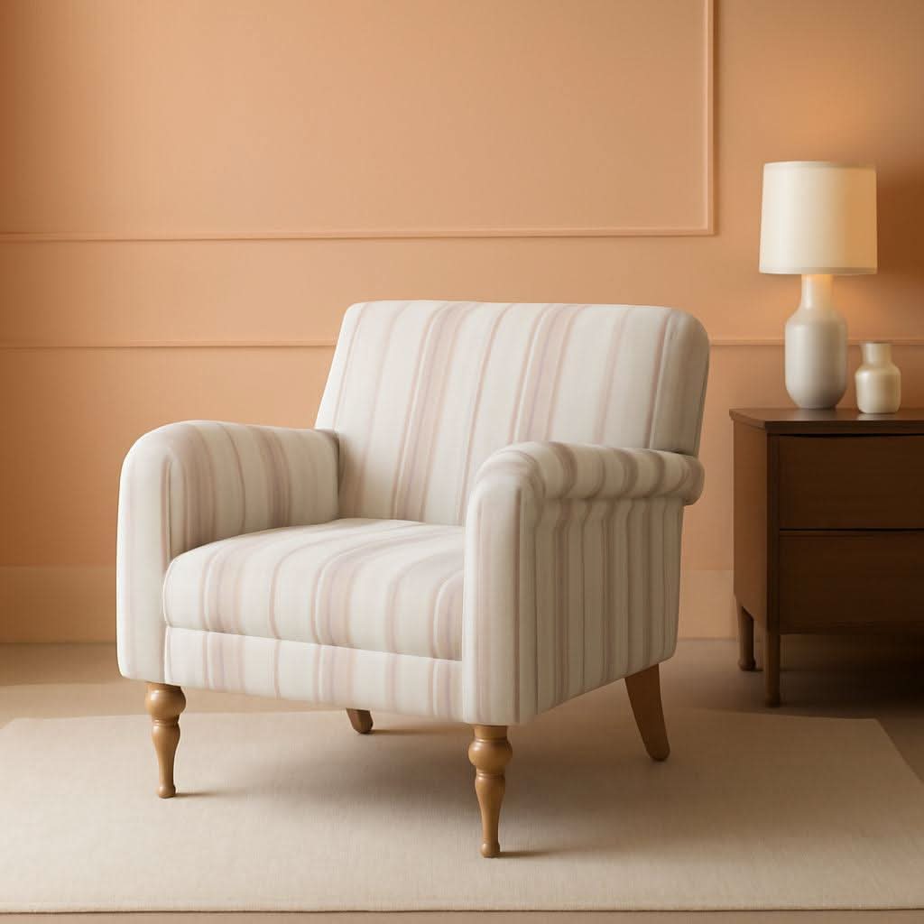 Tan Stripe Accent Chair With Wooden Legs For Living Room-0