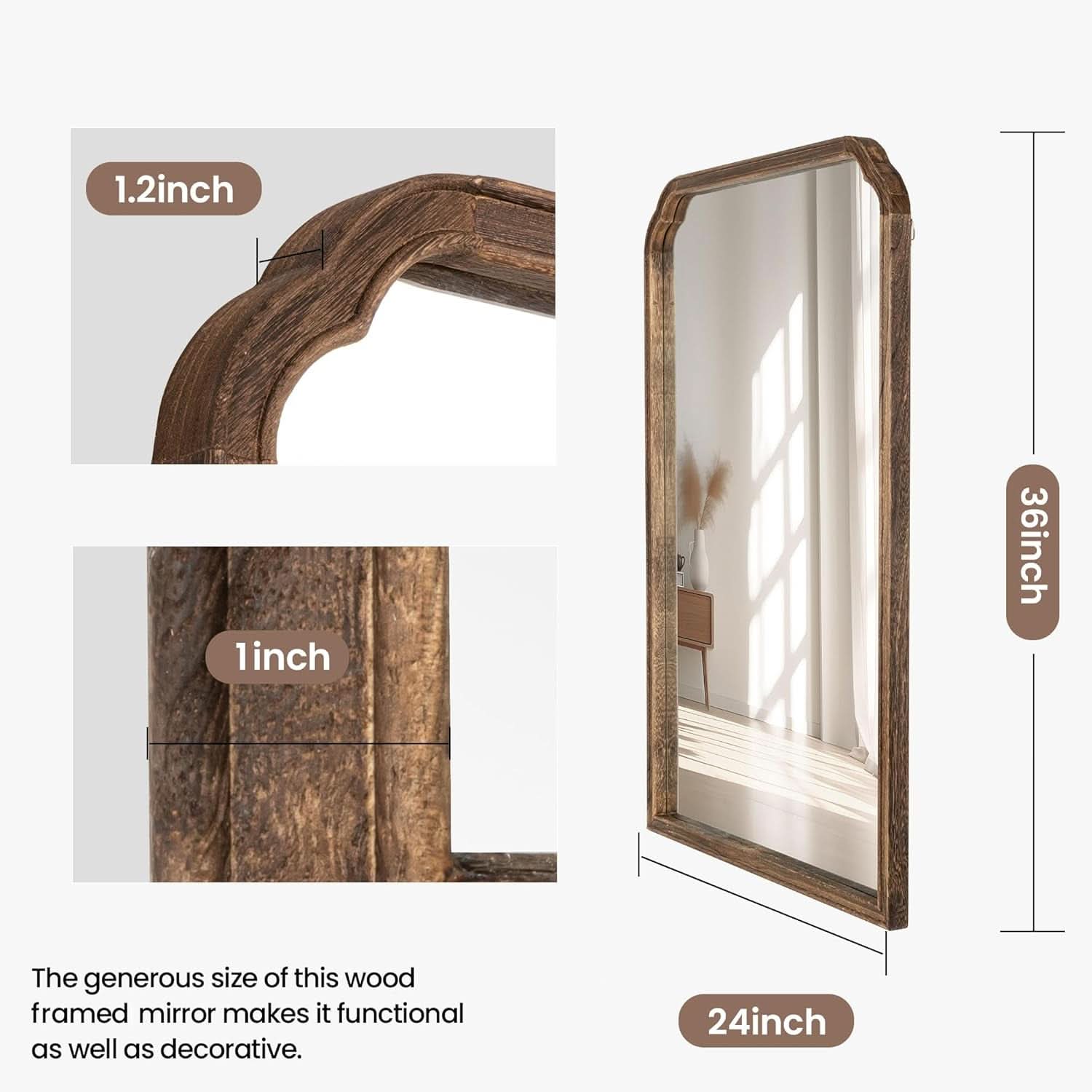24 X 36 Solid Wood Bathroom Mirror Rustic Brown Frame For Living Room Bedroom Vanity-3