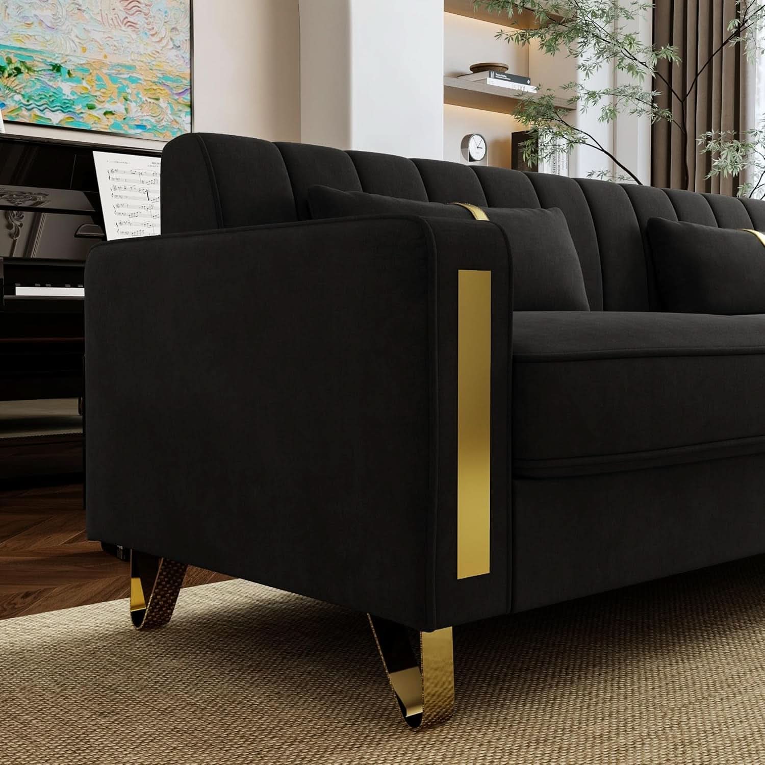 Two Piece Loveseat Sofa Set For Living Room 86 Inch Black Velvet Upholstery Quality Living Room Furniture-3