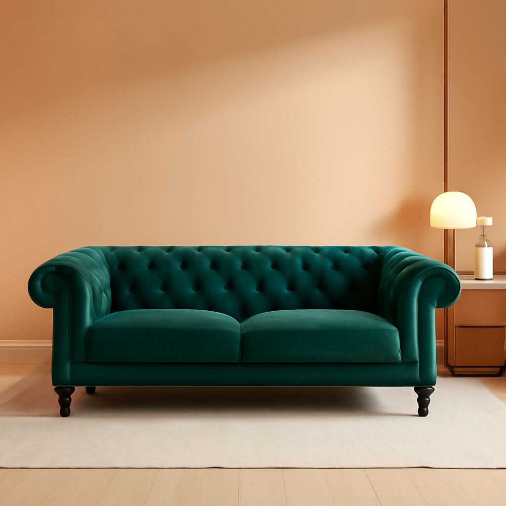 Green Velvet Chesterfield Living Room Set Including Sofa Loveseat and Club Chair-0