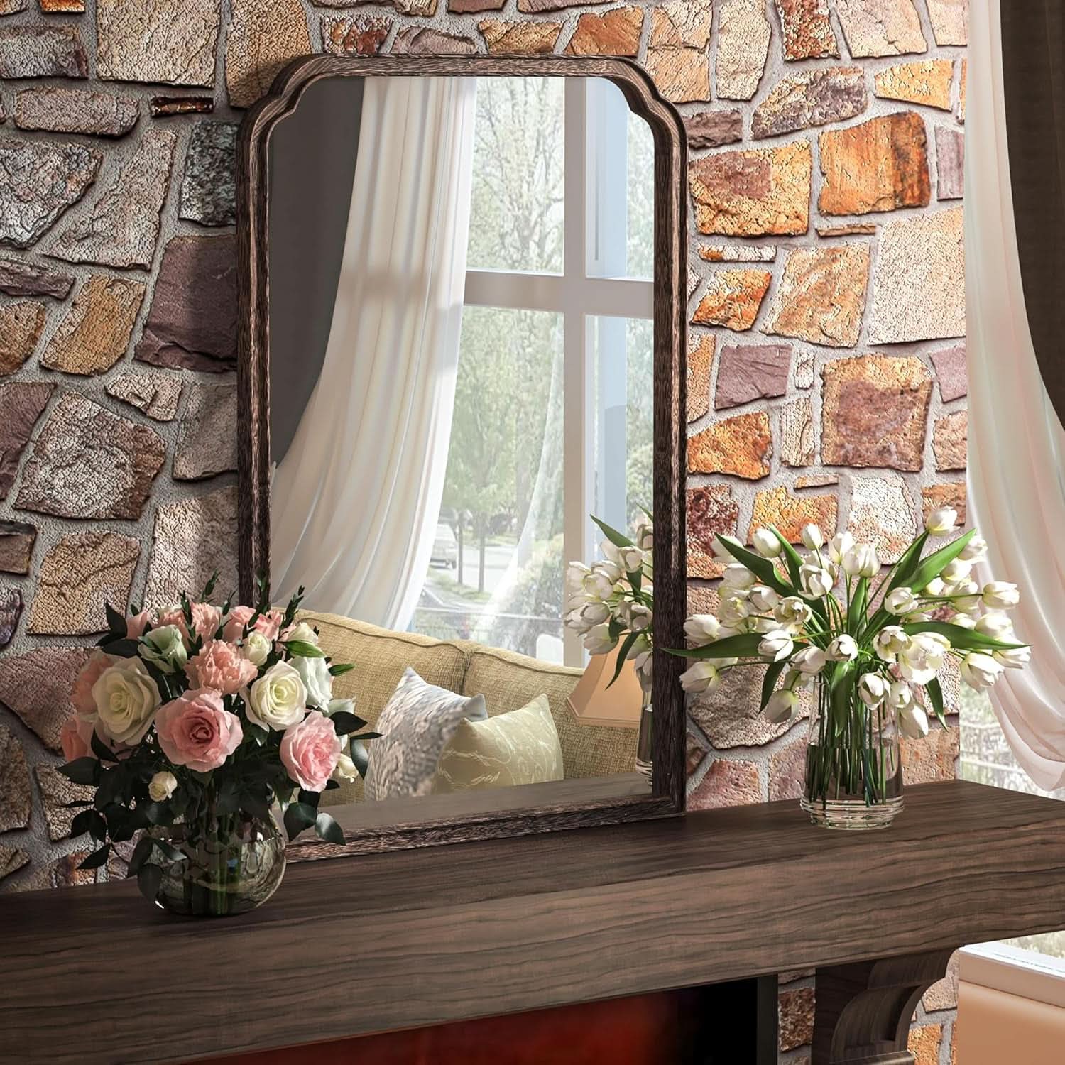 24 X 36 Solid Wood Bathroom Mirror Rustic Brown Frame For Living Room Bedroom Vanity-2