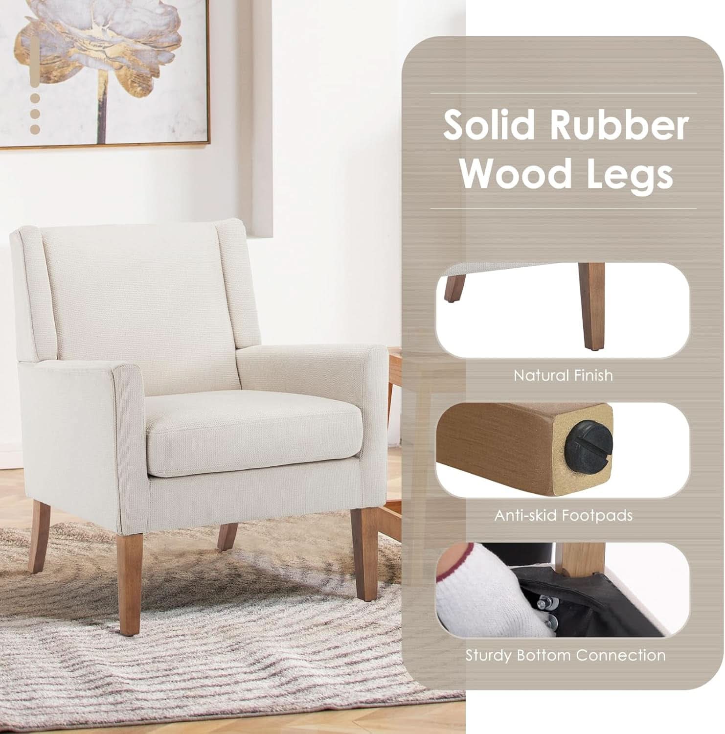 Beige Wingback Chairs With Wood Legs For Living Room-4