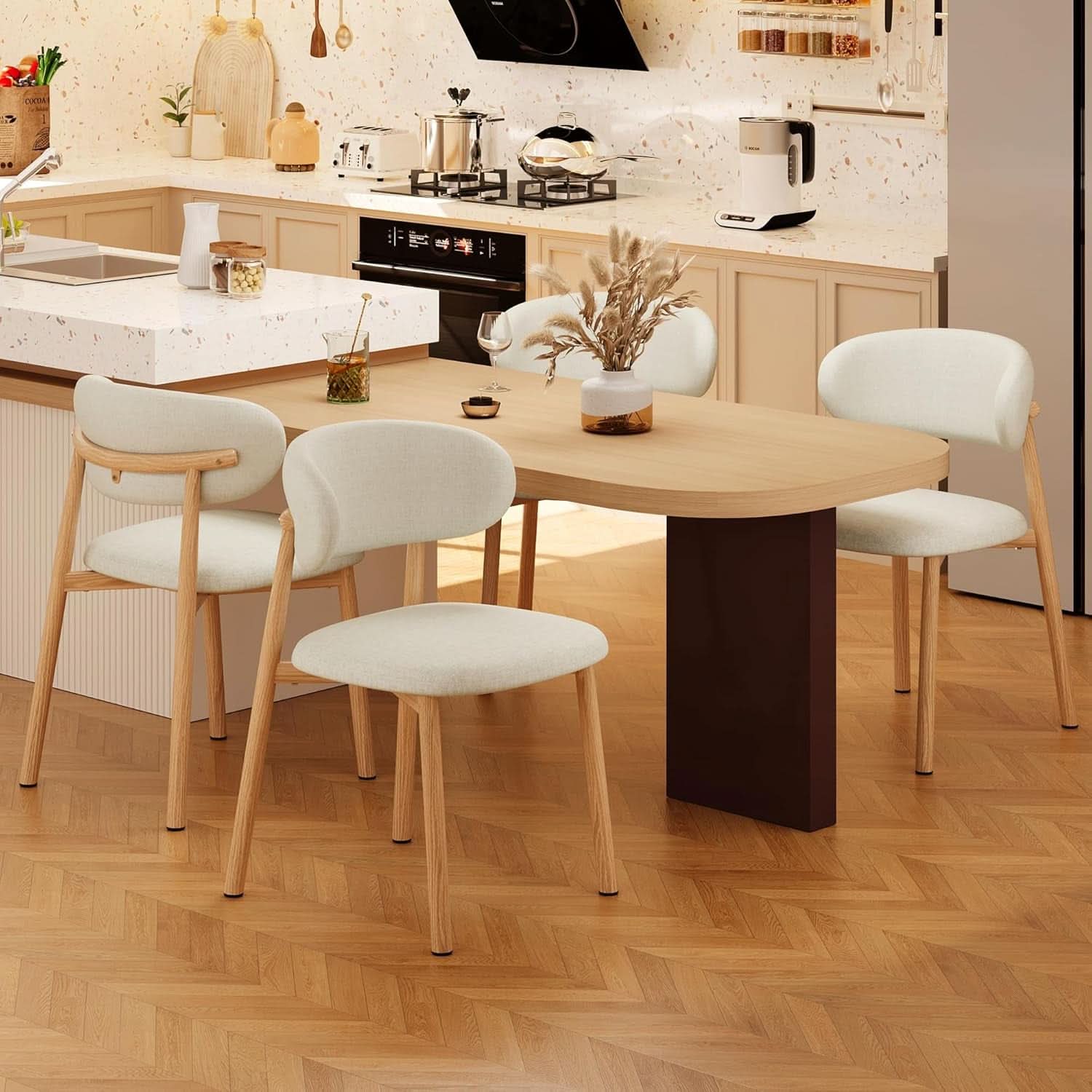 Beige Linen Upholstered Dining Room Chairs Metal Legs-0