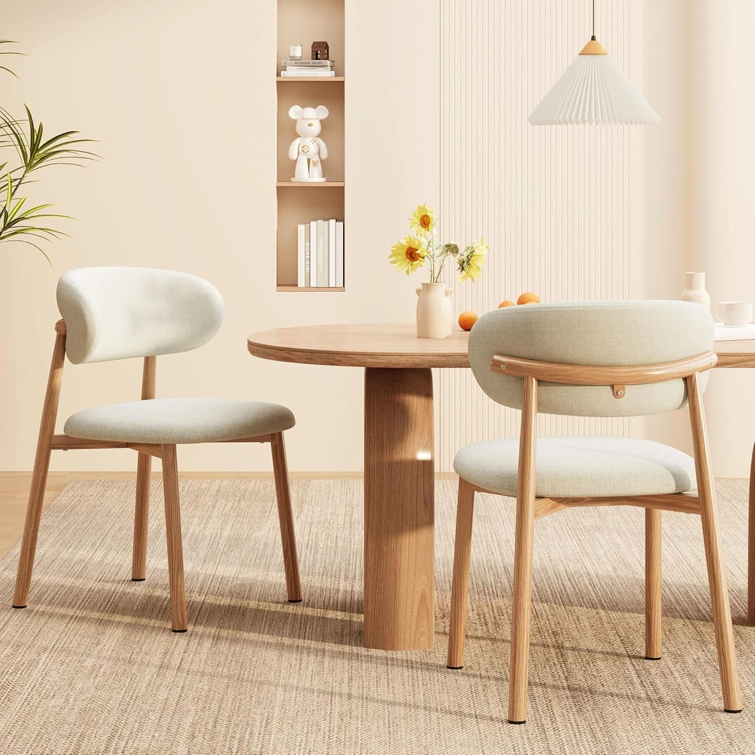 Beige Linen Upholstered Dining Room Chairs Metal Legs-2