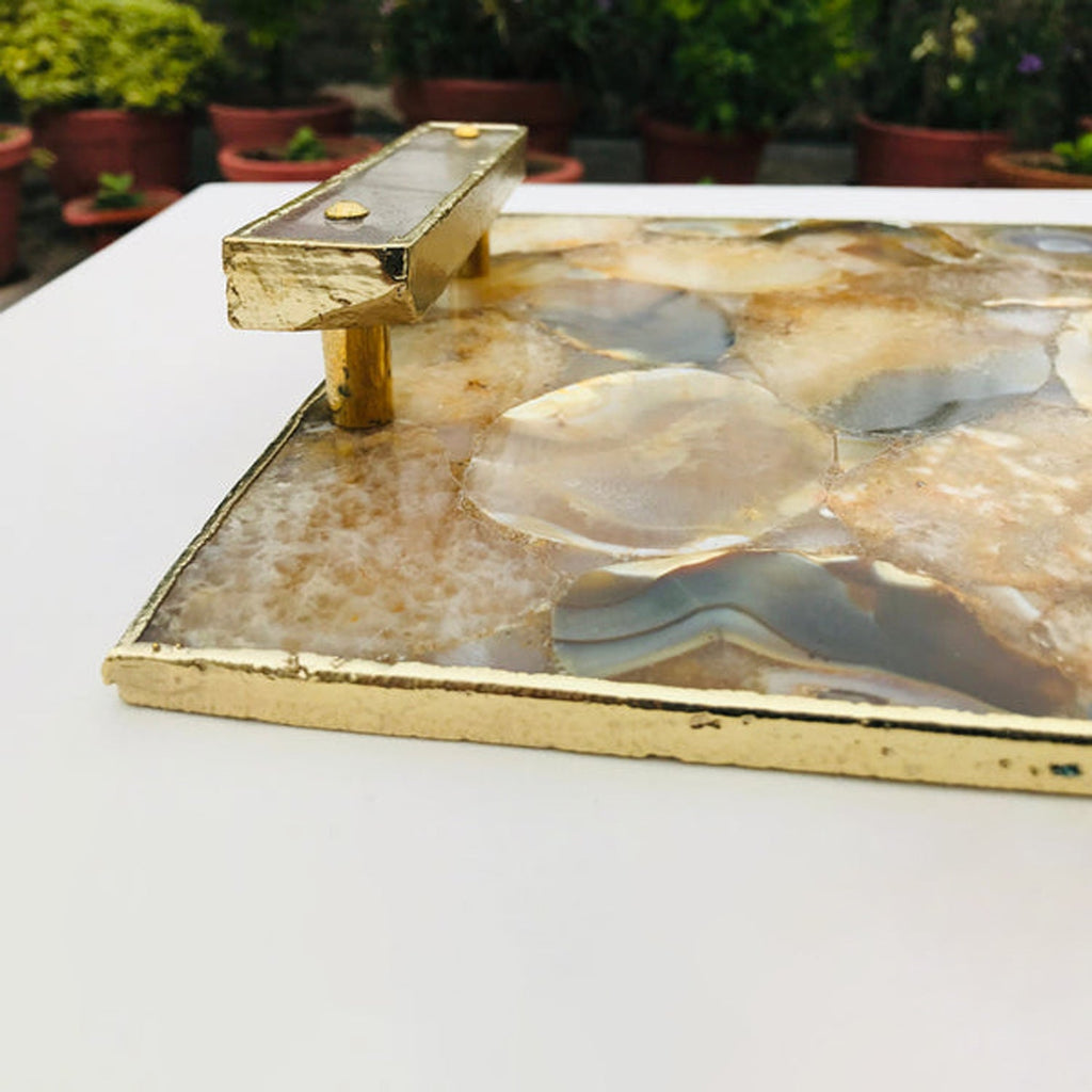 Brown Plated Agate Serving Tray With Clear Quartz Handles/Personalised Momentos/Sign Boards-1