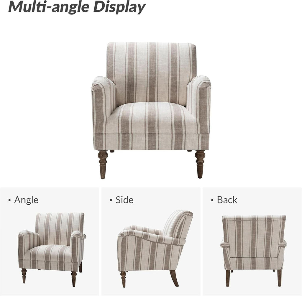 Tan Stripe Accent Chair With Wooden Legs For Living Room-2