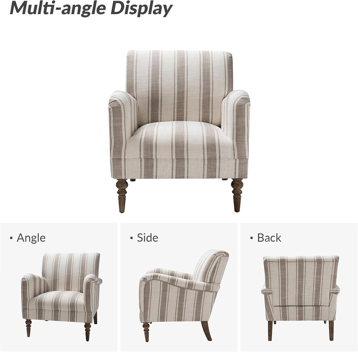 Tan Stripe Accent Chair With Wooden Legs For Living Room-2