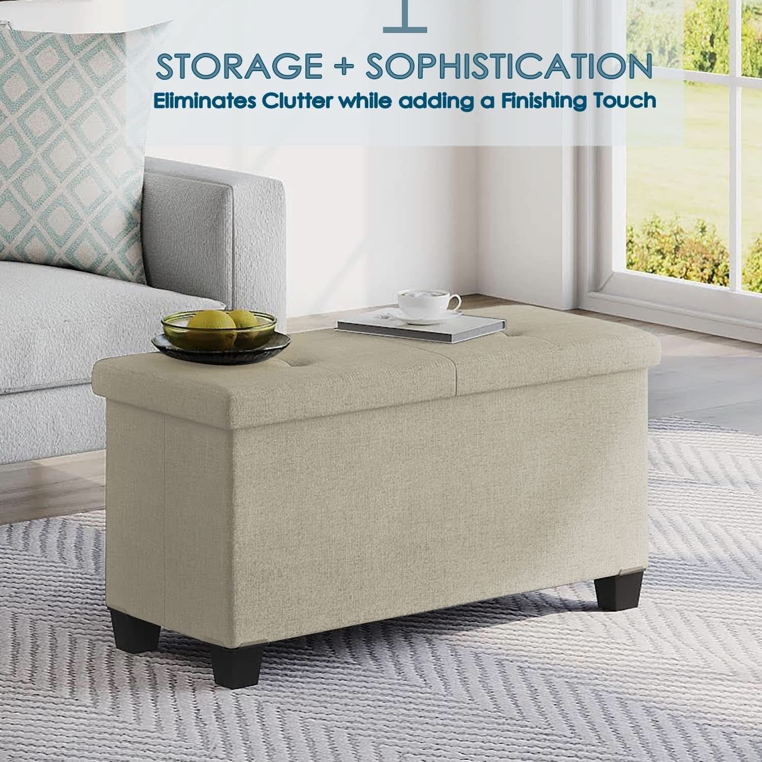 Ivory Linen Ottoman With Removable Storage Bins For Living Room-1
