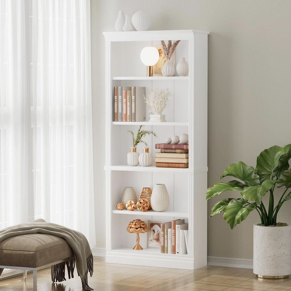 5-Shelf Bookcase Wooden Standing Rack White Living Room-3