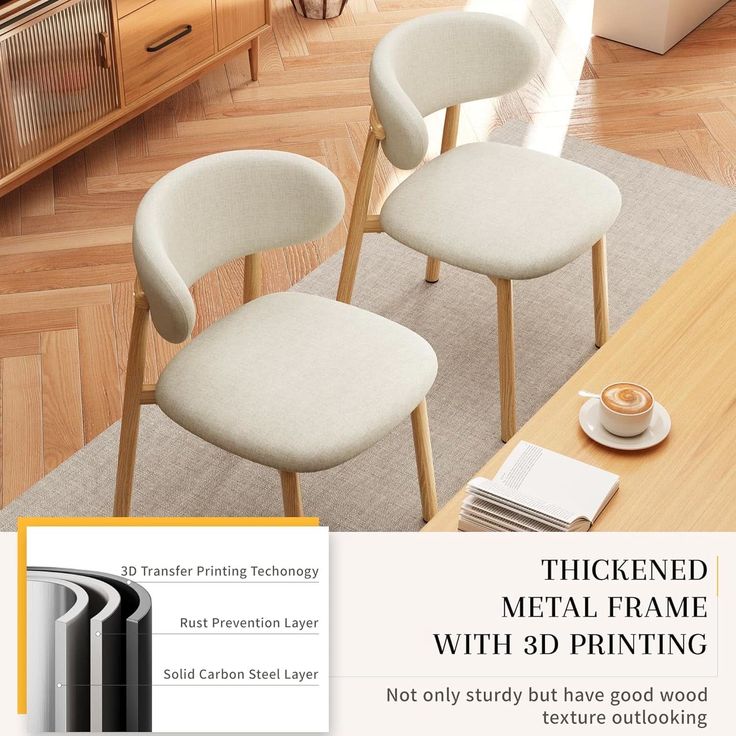 Beige Linen Upholstered Dining Room Chairs Metal Legs-3