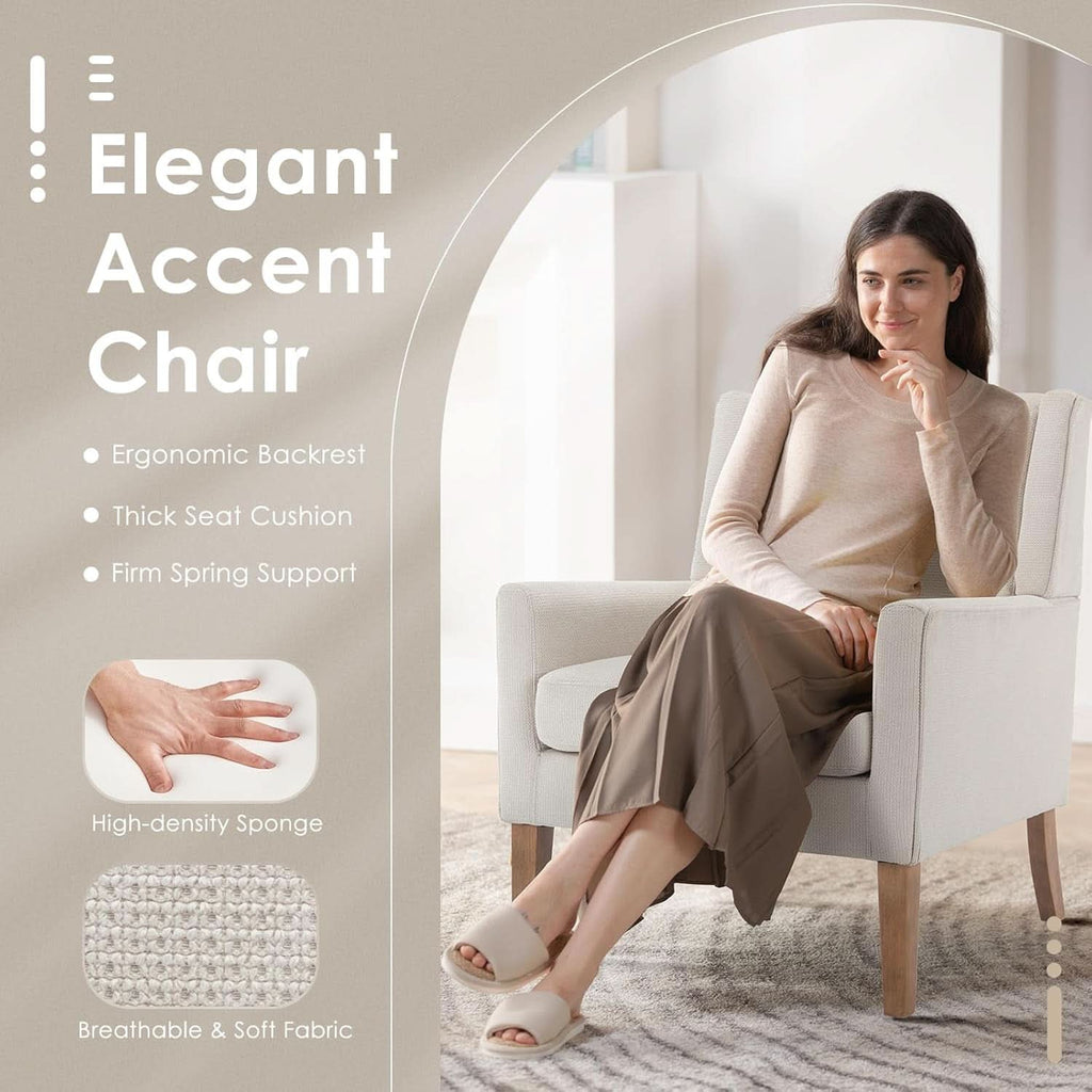 Beige Wingback Chairs With Wood Legs For Living Room-3
