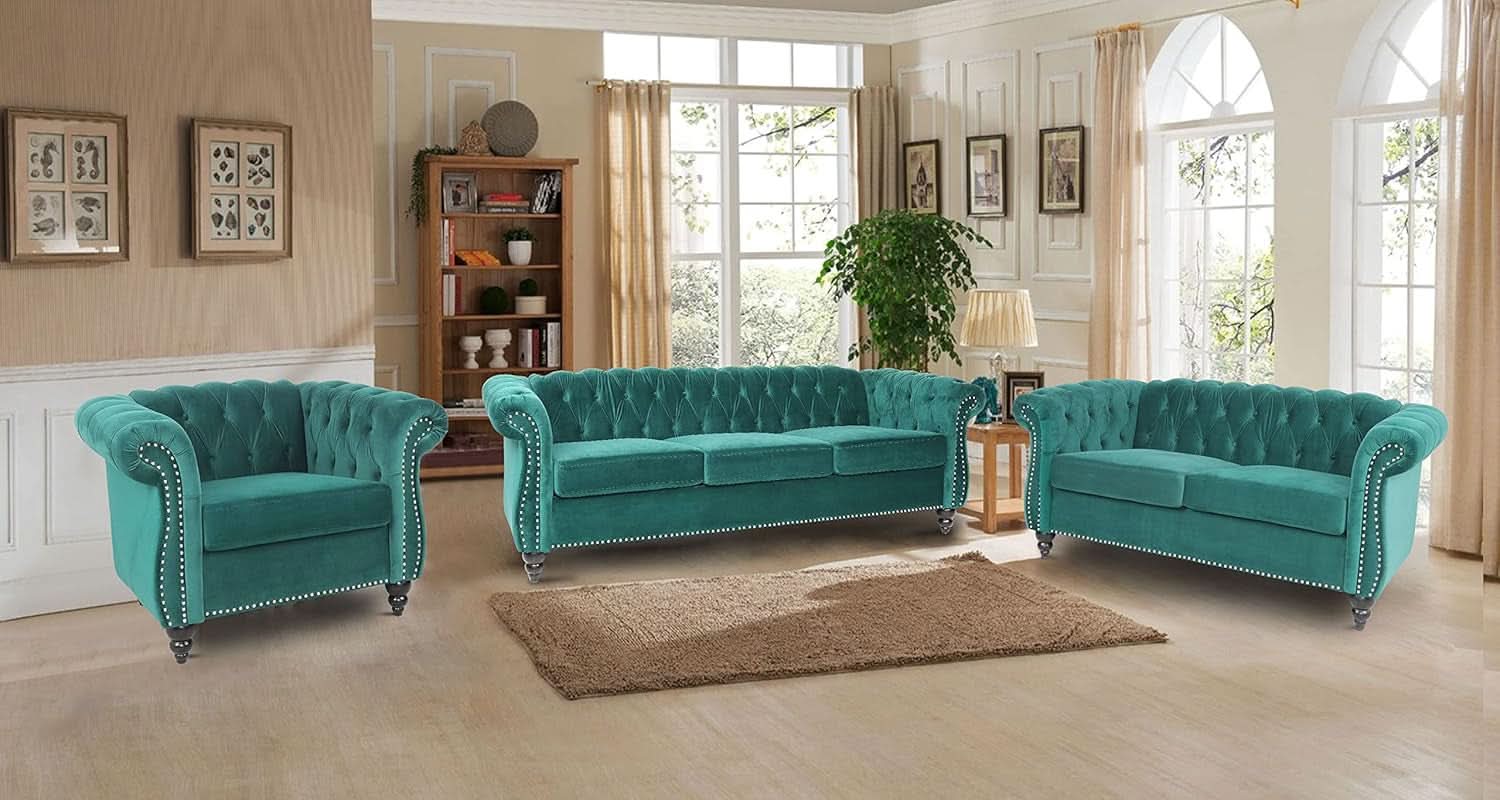 Green Velvet Chesterfield Living Room Set Including Sofa Loveseat and Club Chair-2