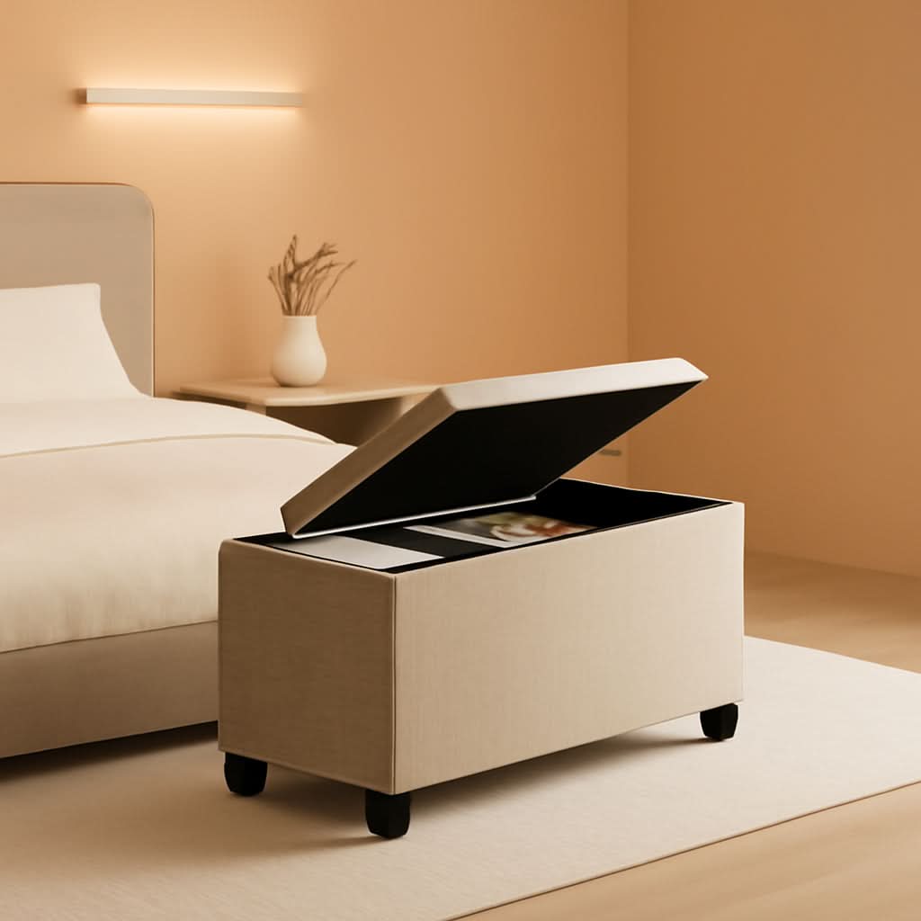 Ivory Linen Ottoman With Removable Storage Bins For Living Room-0