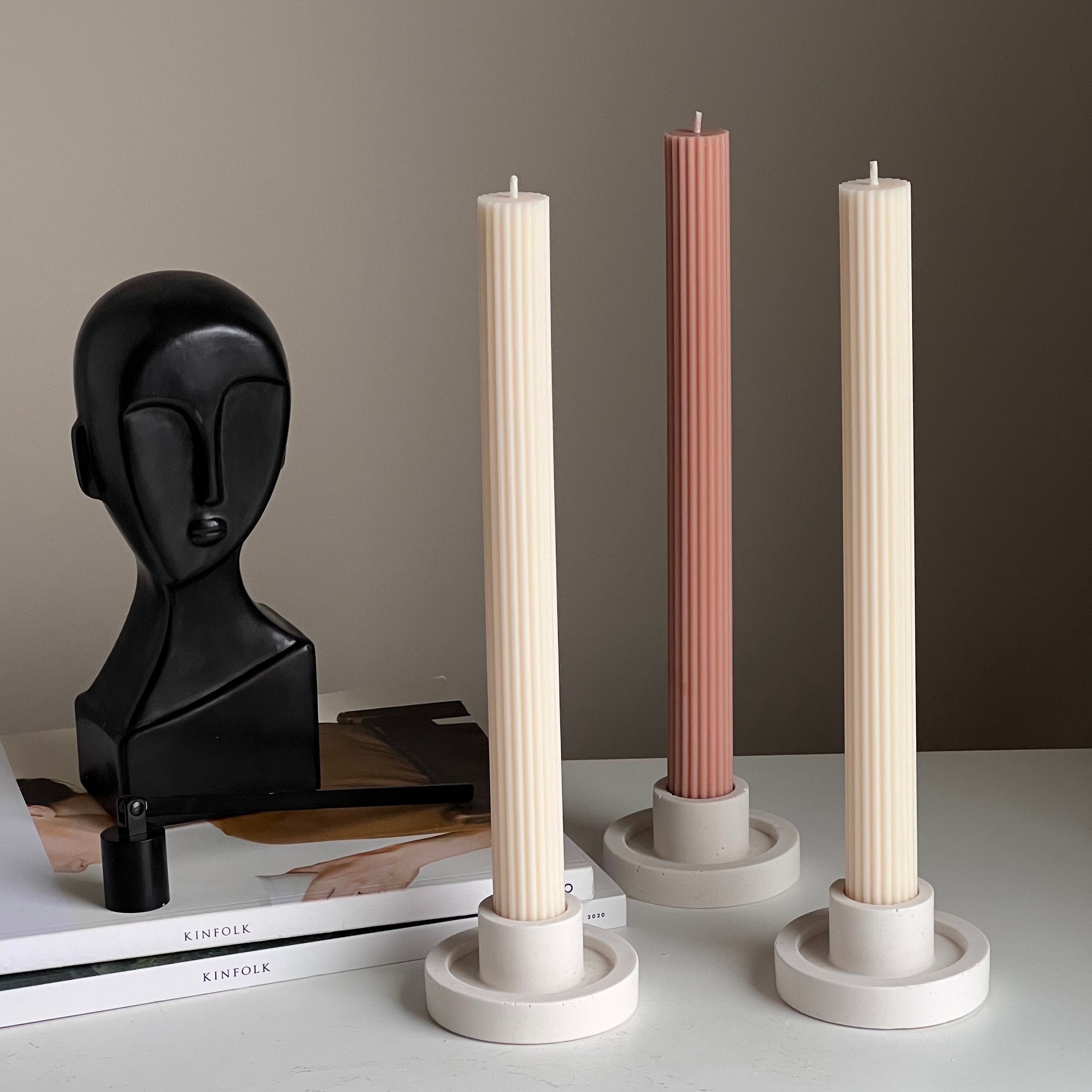 Ribbed Taper Candle: Handmade Soy Wax Pillar, Unscented-0