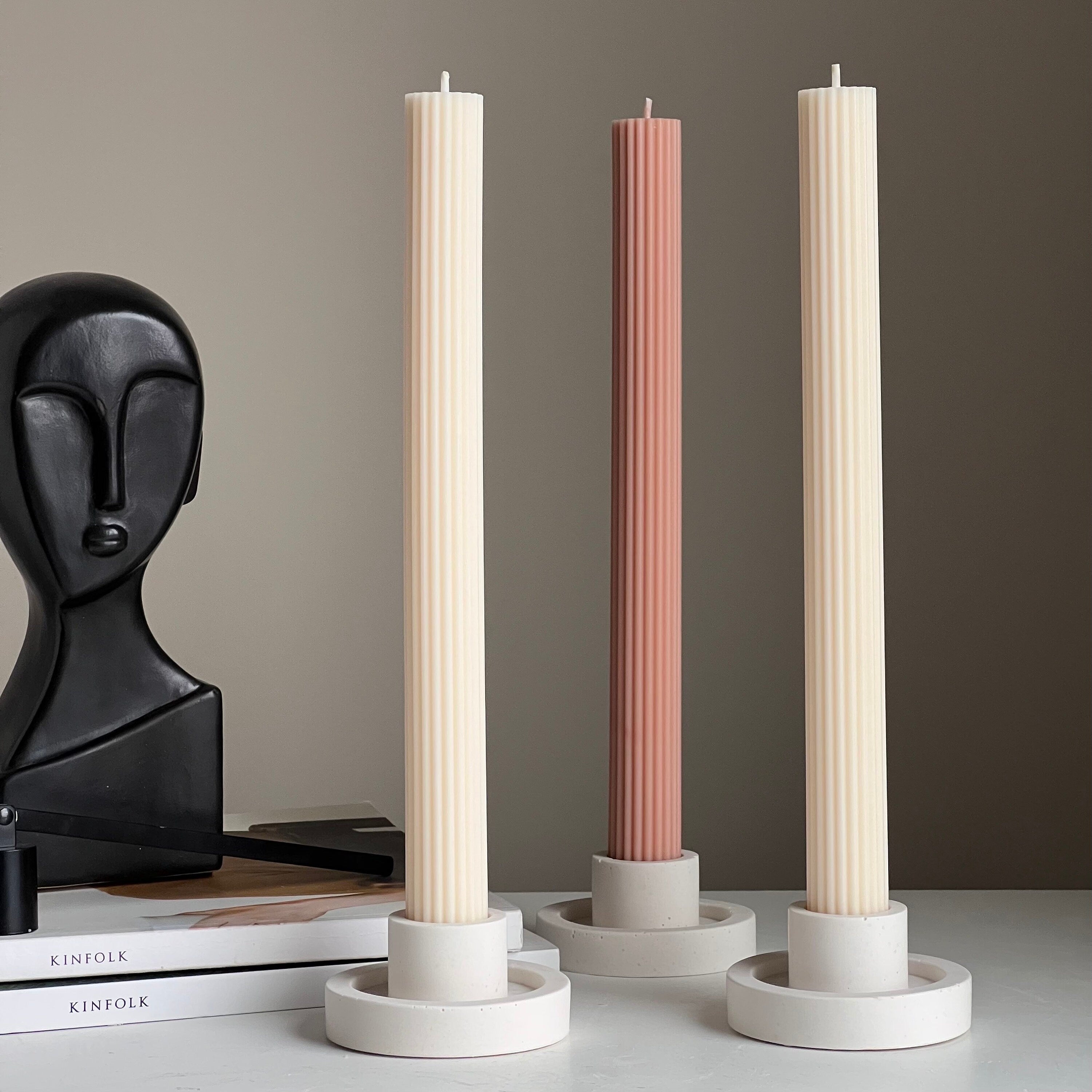 Ribbed Taper Candle: Handmade Soy Wax Pillar, Unscented-1