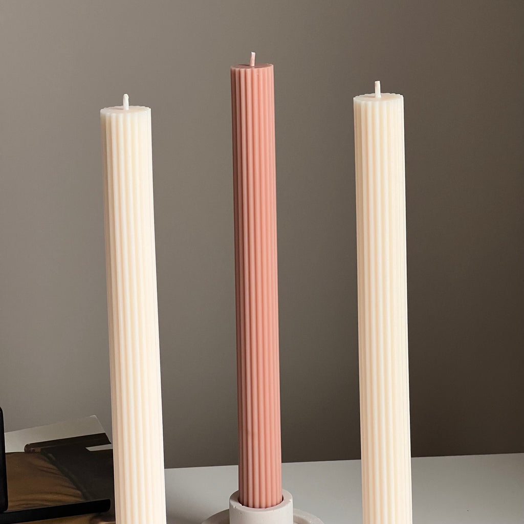 Ribbed Taper Candle: Handmade Soy Wax Pillar, Unscented-2