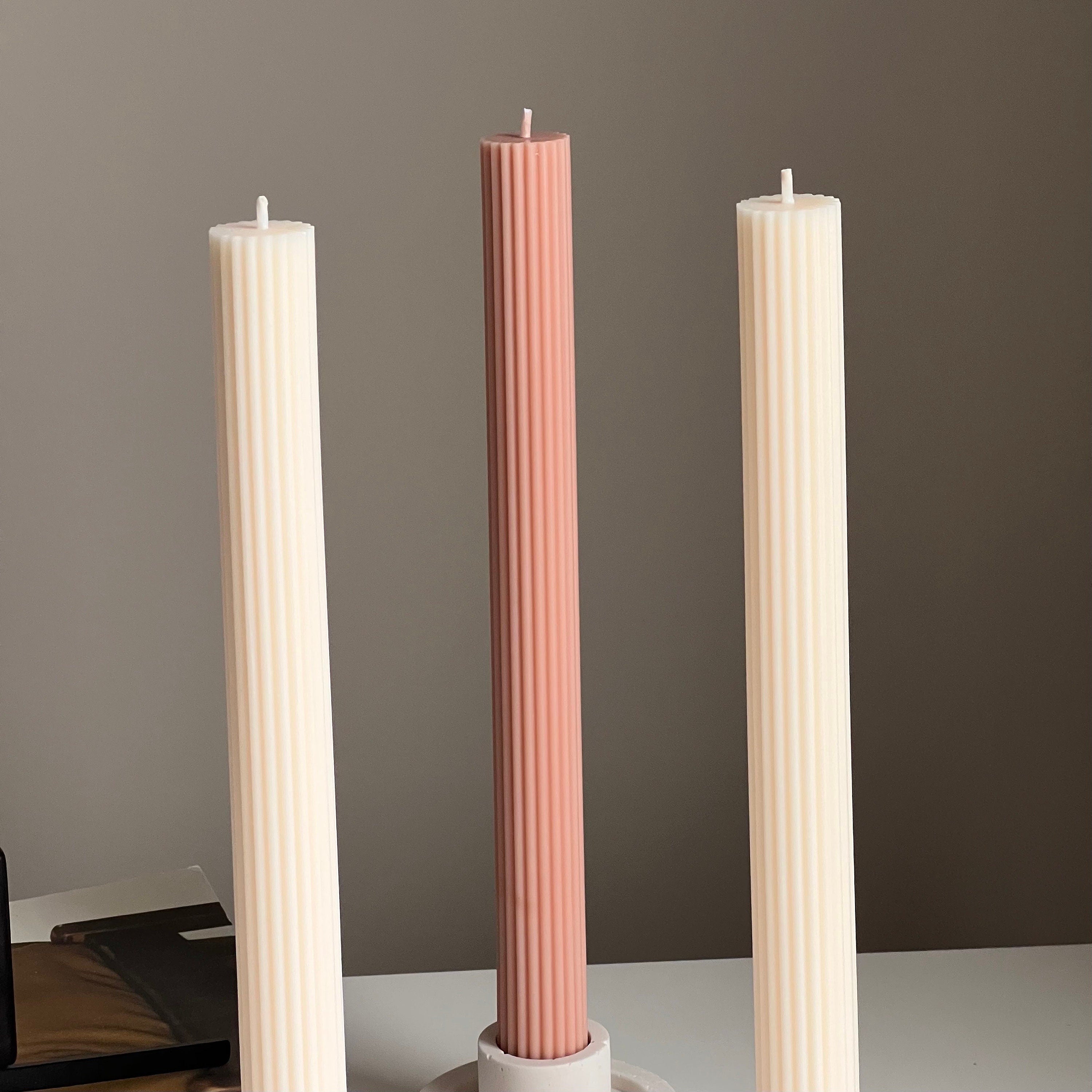 Ribbed Taper Candle: Handmade Soy Wax Pillar, Unscented-2